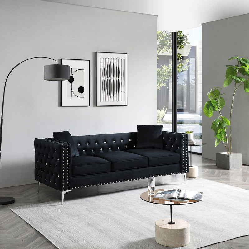 82.3" WidthModern Velvet Sofa Jeweled Buttons Tufted Square Arm Couch Black,2 Pillows Included - Urban Living Furniture (Los Angeles, CA)