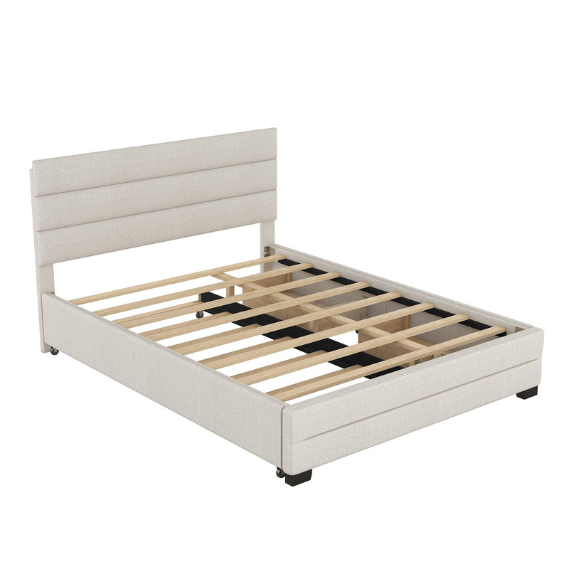 Queen Upholstered Platform Bed with Twin Size Trundle and Two Drawers, Beige - Urban Living Furniture (Los Angeles, CA)