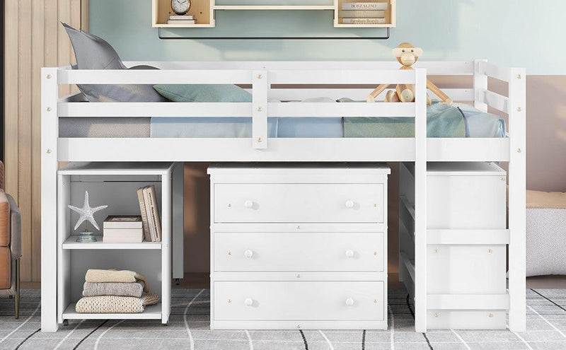 Low Study Full Loft Bed with Cabinet ,Shelves and Rolling Portable Desk ,Multiple Functions Bed- White - Urban Living Furniture (Los Angeles, CA)