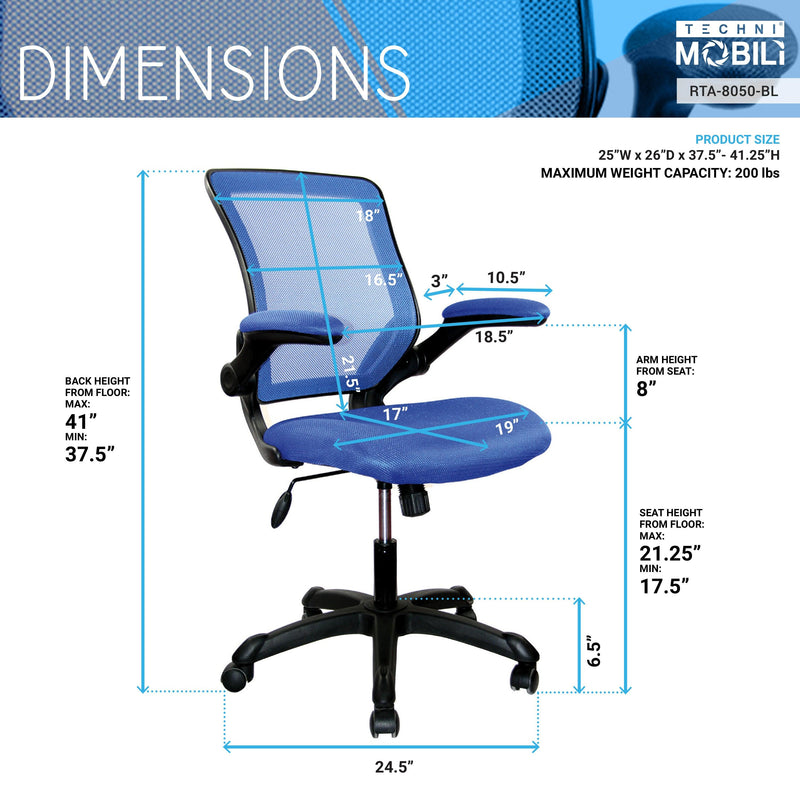 Techni Mobili Mesh Task Office Chair with Flip Up Arms, Blue - Urban Living Furniture (Los Angeles, CA)