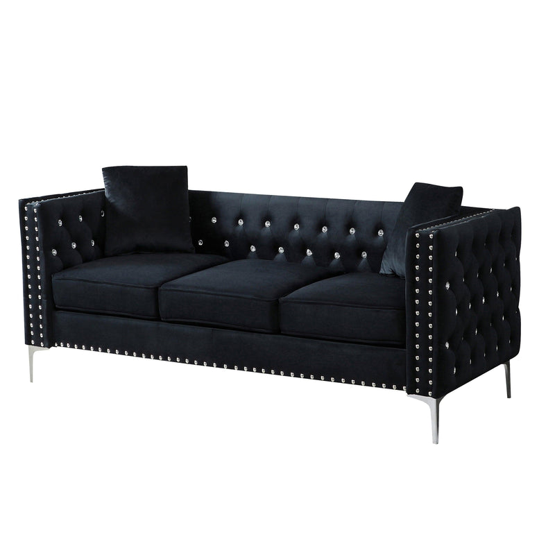 82.3" WidthModern Velvet Sofa Jeweled Buttons Tufted Square Arm Couch Black,2 Pillows Included - Urban Living Furniture (Los Angeles, CA)