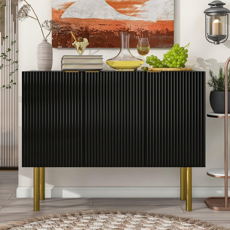 Modern Simple & Luxury Style Sideboard Particle Board & MDF Board Cabinet with Gold Metal Legs & Handles, Adjustable Shelves for Living Room, Dining Room (Black)