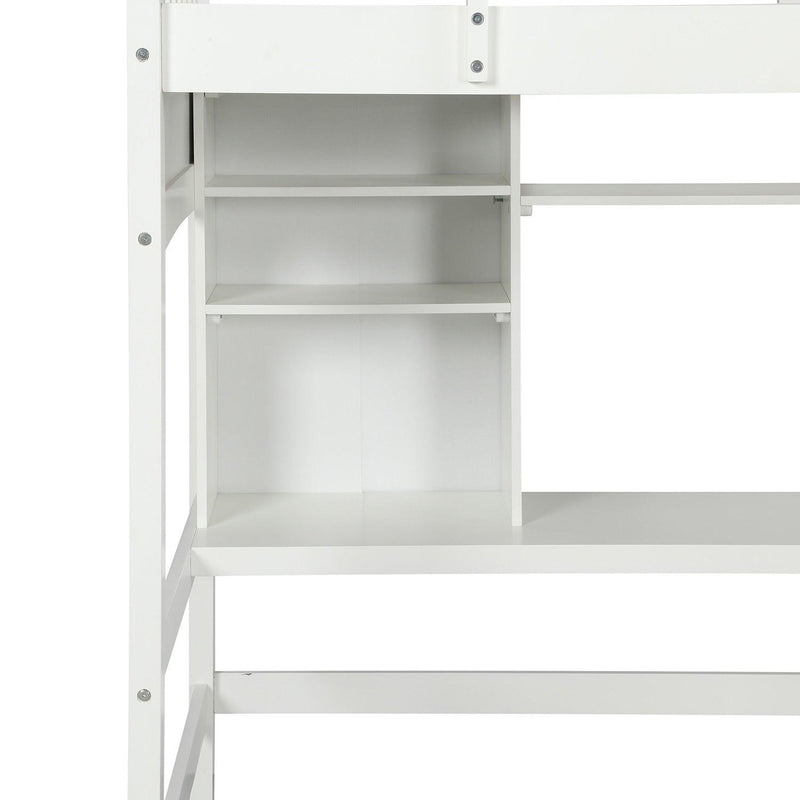 Twin size Loft Bed withStorage Shelves, Desk and Ladder, White