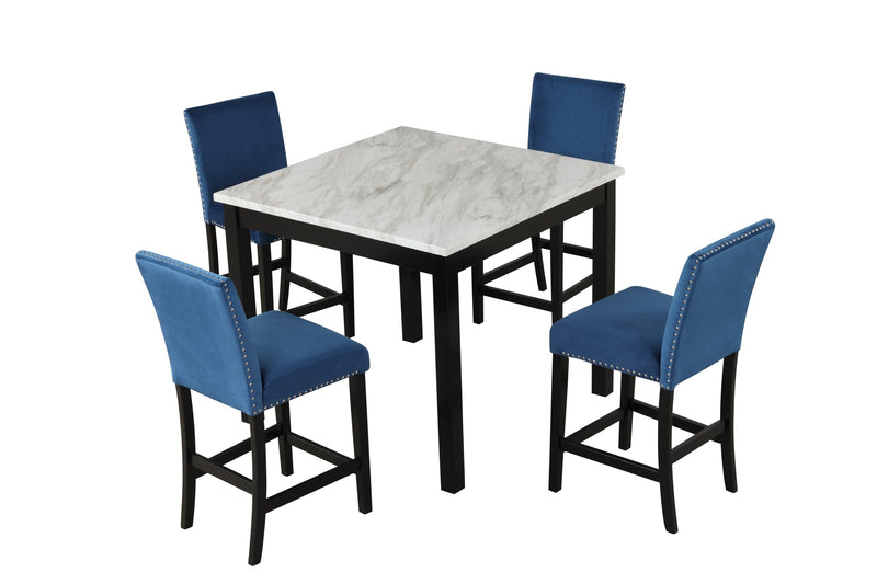 5-piece Counter Height Dining Table Set with One Faux Marble Dining Table and Four Upholstered-Seat Chairs，for Kitchen and Living room,Table : 42"L x42"Wx36"H,Chair:18.5"Wx23.2"Dx39.8"H,  Blue - Urban Living Furniture (Los Angeles, CA)