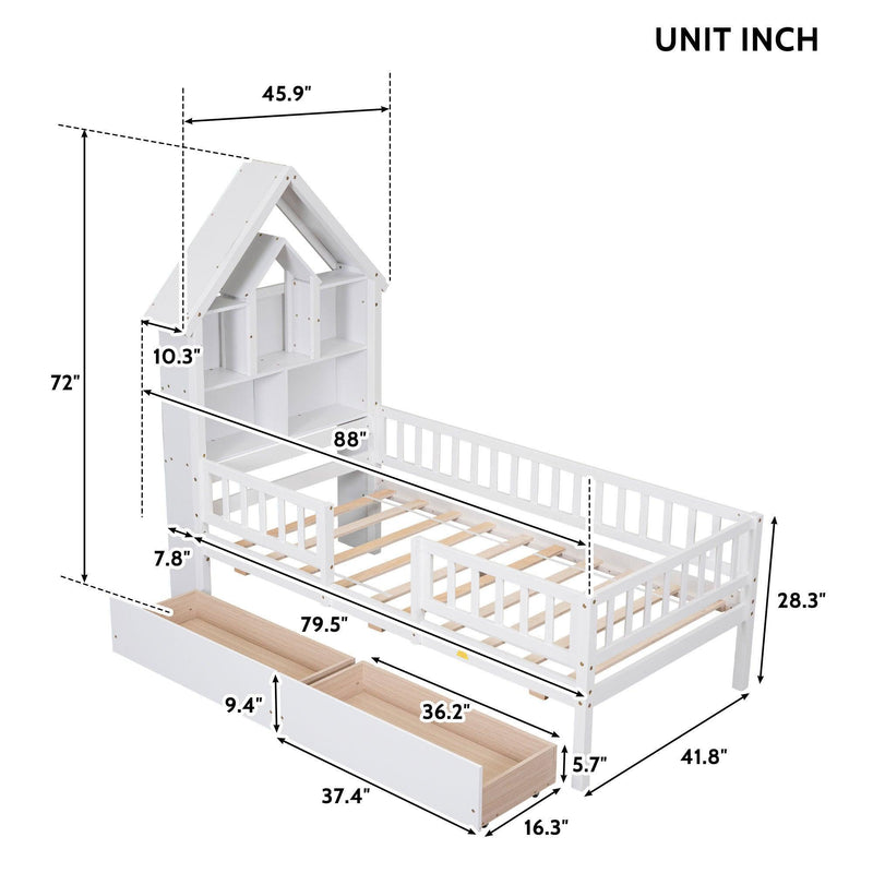 Twin Size House-Shaped Headboard Bed with Fence Guardrails and Drawers ,White - Urban Living Furniture (Los Angeles, CA)