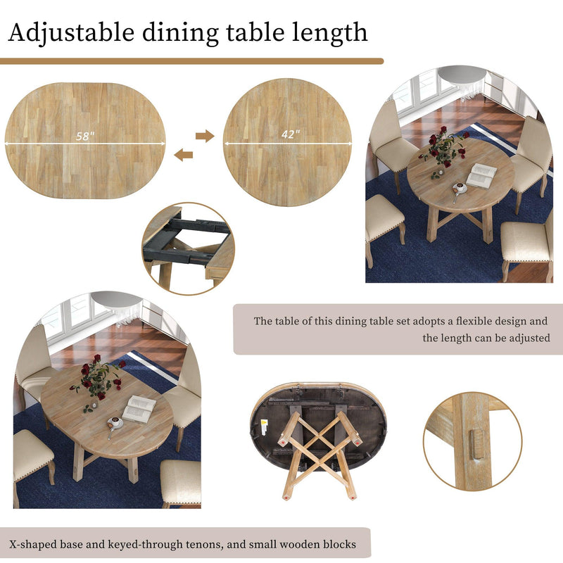 5-Piece Farmhouse Dining Table Set Wood Round Extendable Dining Table and 4 Upholstered Dining Chairs (Natural Wood Wash) - Urban Living Furniture (Los Angeles, CA)