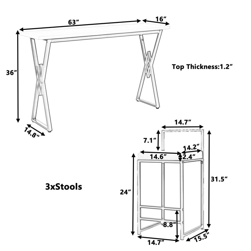 Modern 4-Piece Counter Height Extra Long Console Bar Dining Table Set with 3 Padded Stools for Small Places, ld - Urban Living Furniture (Los Angeles, CA)