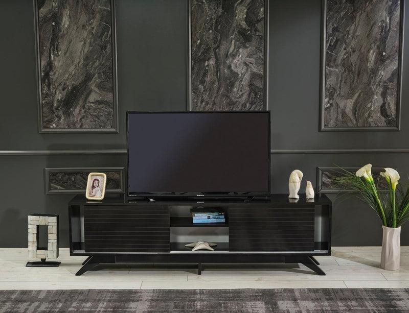 Luxia Mid CenturyModern Tv Stand 2 Sliding Door Cabinet 2 Shelves 67 inch Tv Unit, Black