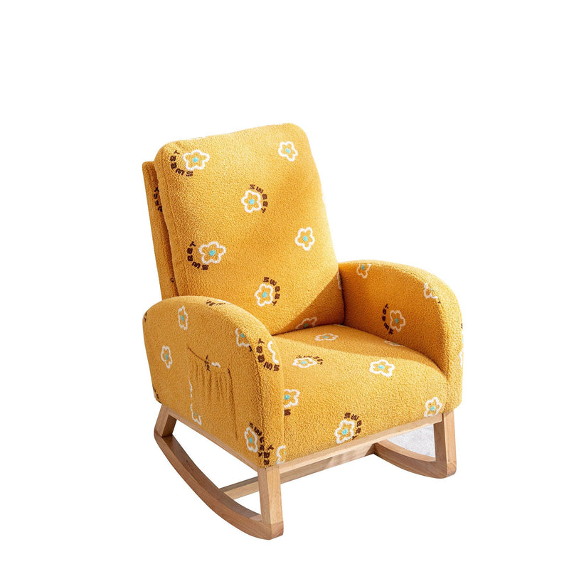 26.8"WModern Rocking Chair for Nursery, Mid Century Accent Rocker Armchair With Side Pocket, Upholstered High Back Wooden Rocking Chair for Living Room Baby Kids Room Bedroom, Mustard Boucle