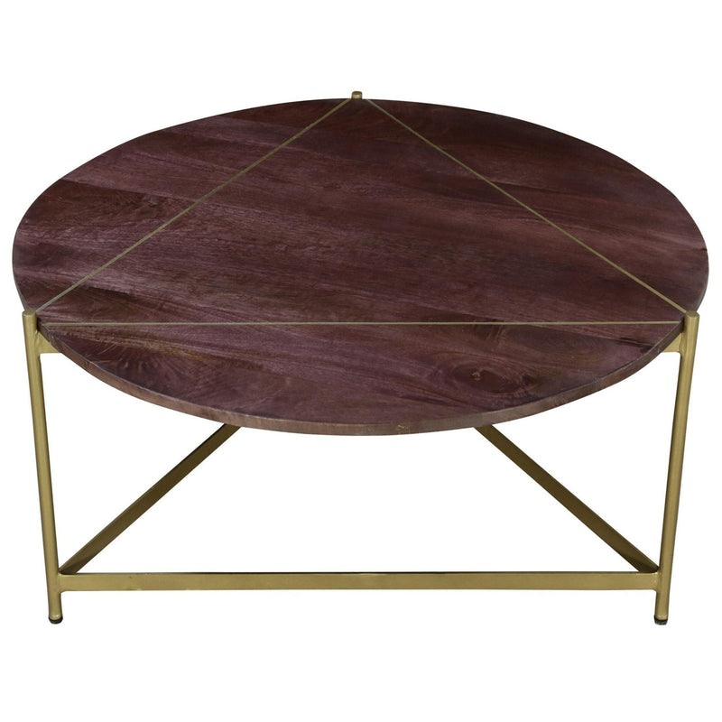 Ellis 32 Inch Round Wood Coffee Table with Brass Metal Base, Brown, Matte Gold - Urban Living Furniture (Los Angeles, CA)