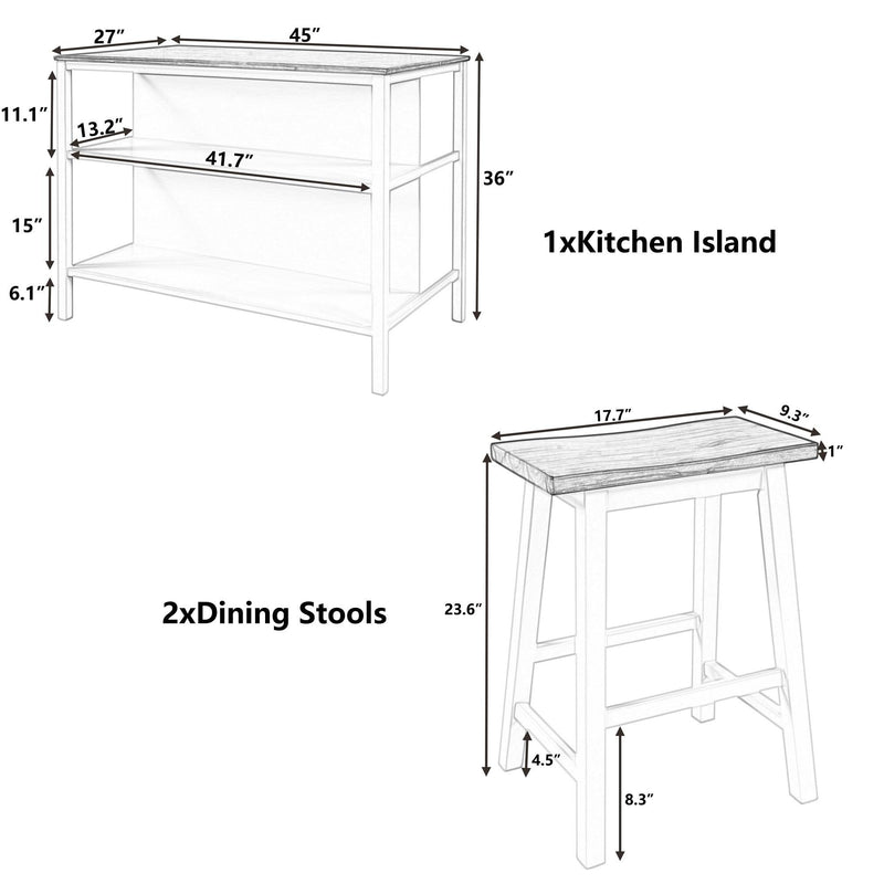 Solid Wood Rustic 3-piece 45" Stationary Kitchen Island Set with 2 Seatings, Rubber Wood Butcher Block Dining Table Set Prep Table Set with 2 Open Shelves for Small Places,Walnut+Cream White - Urban Living Furniture (Los Angeles, CA)