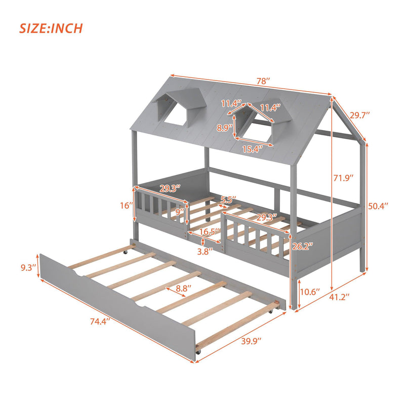 Twin Size House Bed Wood Bed with Twin Size Trundle ( Gray )