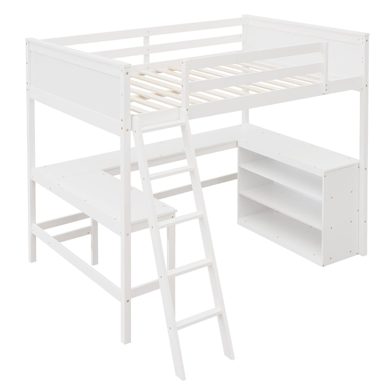 Full size Loft Bed with Shelves and Desk, Wooden Loft Bed with Desk - White