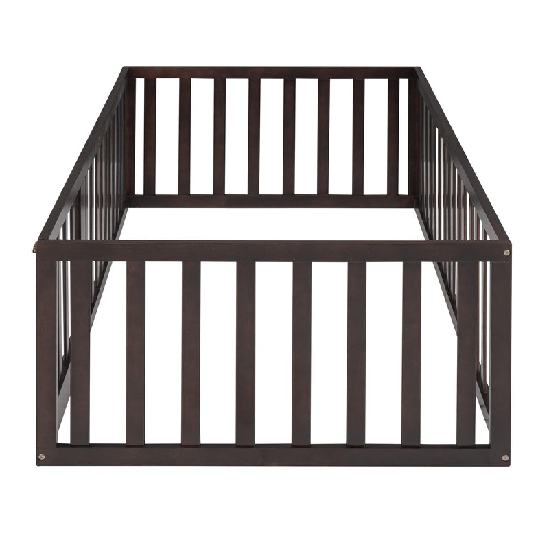 Twin Size Wood Floor Bed Frame with Fence and Door, Walnut
