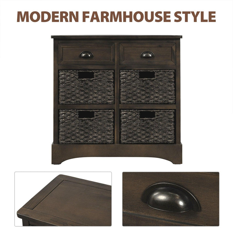 RusticStorage Cabinet with Two Drawers and Four  Classic Rattan Basket for Dining Room/Living Room (Brown Gray)