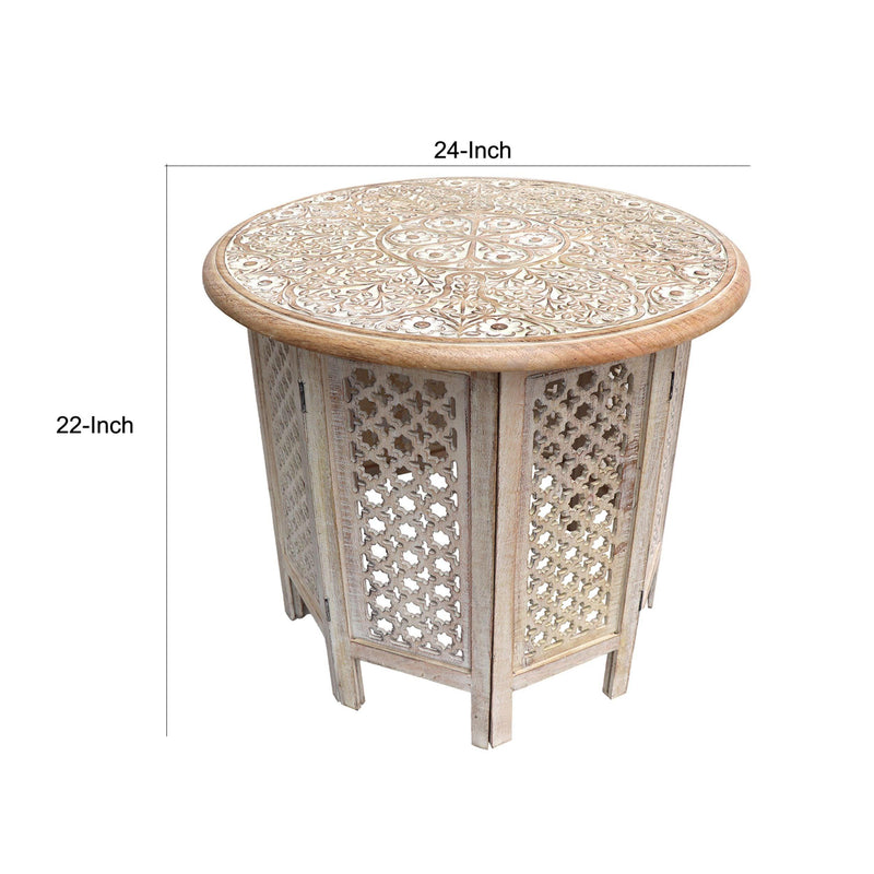 Mesh Cut Out Carved ManWood Octagonal Folding Table with Round Top, Antique White and Brown - Urban Living Furniture (Los Angeles, CA)