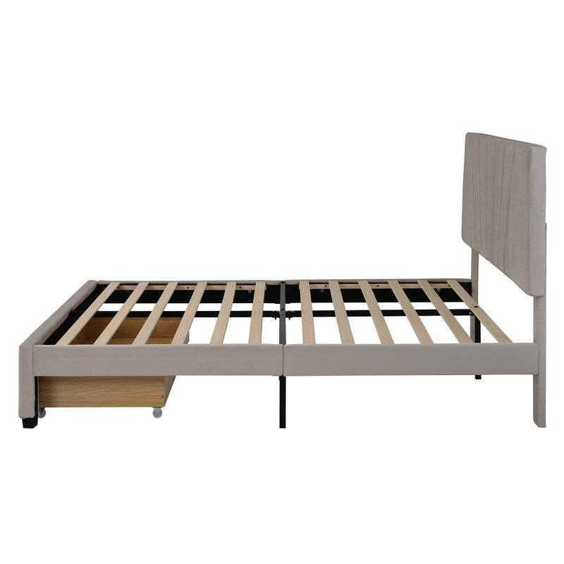 Queen SizeStorage Bed Velvet Upholstered Platform Bed with a Big Drawer - Beige - Urban Living Furniture (Los Angeles, CA)