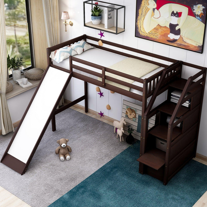 Twin Size Loft Bed withStorage and Slide, Espresso