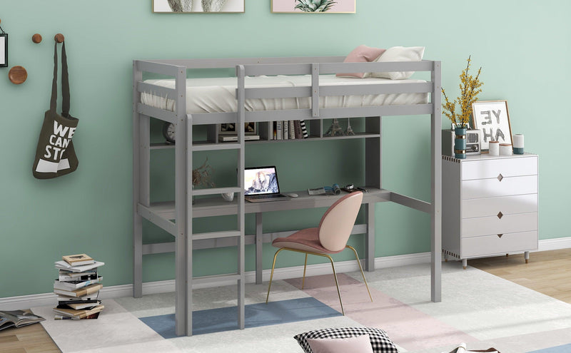 Twin Size Loft Bed with Convenient Desk, Shelves, and Ladder, White - Urban Living Furniture (Los Angeles, CA)