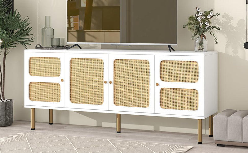 Boho style TV Stand with Rattan Door, Woven Media Console Table for TVs Up to 70”, Country Style Design Side Board with Gold Metal Base for Living Room, White. - Urban Living Furniture (Los Angeles, CA)