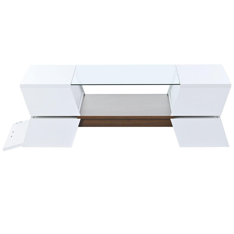 6mm Glass-Top Coffee Table with Open Shelves and Cabinets, Geometric Style Cocktail Table with GreatStorage Capacity,Modernist 2-Tier Center Table for Living Room, White