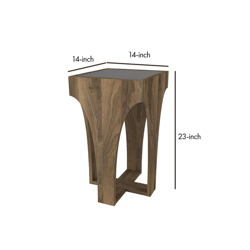 23 Inch Rectangular Glass Top Side Table, Chiseled Arch Panel Legs, Walnut, Smokey Black