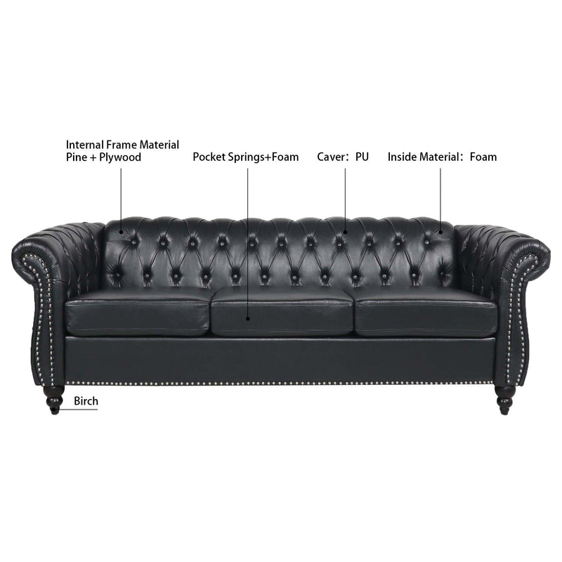 84.65" BLACK PU Rolled Arm Chesterfield Three Seater Sofa. - Urban Living Furniture (Los Angeles, CA)