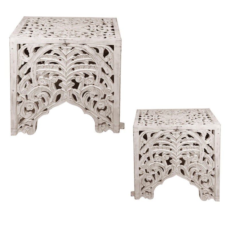Wooden End Table with Floral Cut Out Design, Set of 2, Antique White