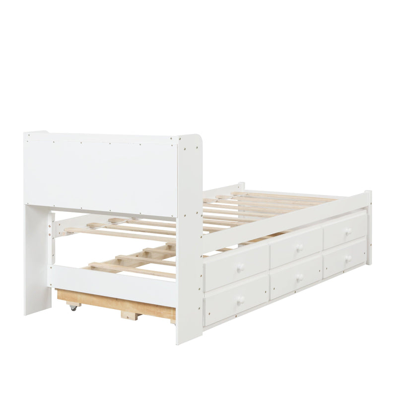 Twin Bed with Bookcase,Twin Trundle,Drawers,White