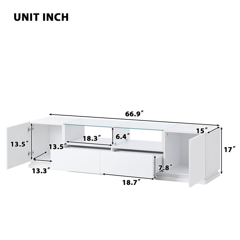 TV Stand with Tempered Glass,Modern High Gloss Entertainment Center for TVs Up to 70”, TV Cabinet withStorage and LED Color Changing Lights for Living Room, White