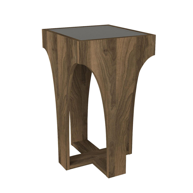 23 Inch Rectangular Glass Top Side Table, Chiseled Arch Panel Legs, Walnut, Smokey Black