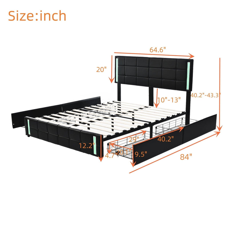 Queen Size Upholstered Platform Bed with LED Lights and USB Charging,Storage Bed with 4 Drawers, Black - Urban Living Furniture (Los Angeles, CA)