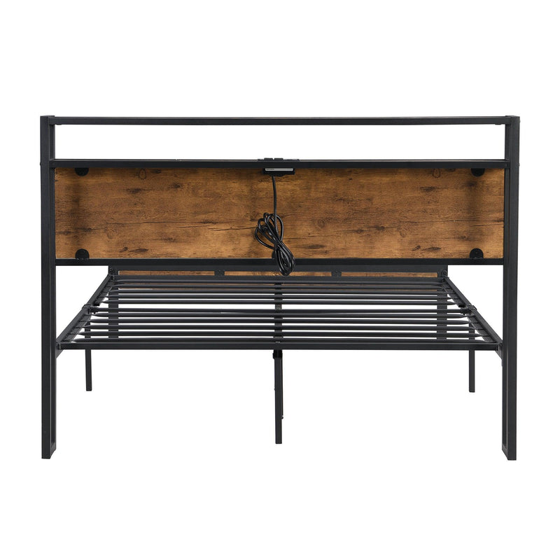 Full Size Metal Platform Bed Frame with Wooden Headboard and Footboard with USB LINER, No Box Spring Needed, Large Under BedStorage, Easy Assemble - Urban Living Furniture (Los Angeles, CA)