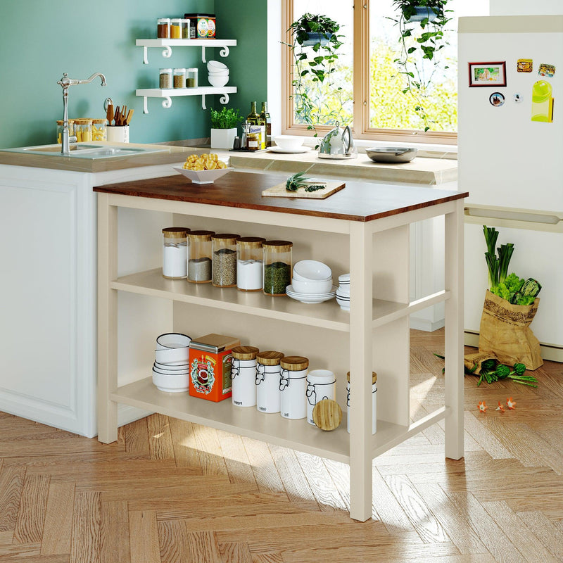 Solid Wood Rustic 3-piece 45" Stationary Kitchen Island Set with 2 Seatings, Rubber Wood Butcher Block Dining Table Set Prep Table Set with 2 Open Shelves for Small Places,Walnut+Cream White