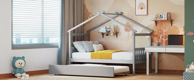 Twin Size Wooden House Bed with Twin Size Trundle, Gray - Urban Living Furniture (Los Angeles, CA)