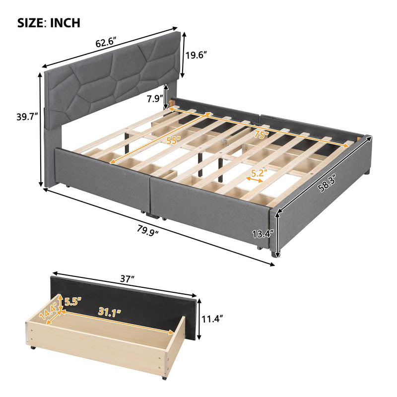 Full Size Upholstered Platform Bed with Brick Pattern Heardboard and 4 Drawers, Linen Fabric, Gray - Urban Living Furniture (Los Angeles, CA)