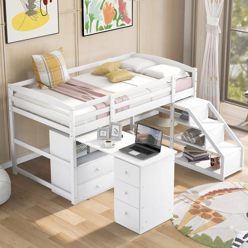 Twin Size Loft Bed with Multifunctional Movable Built-in Desk and and Staircase,White - Urban Living Furniture (Los Angeles, CA)