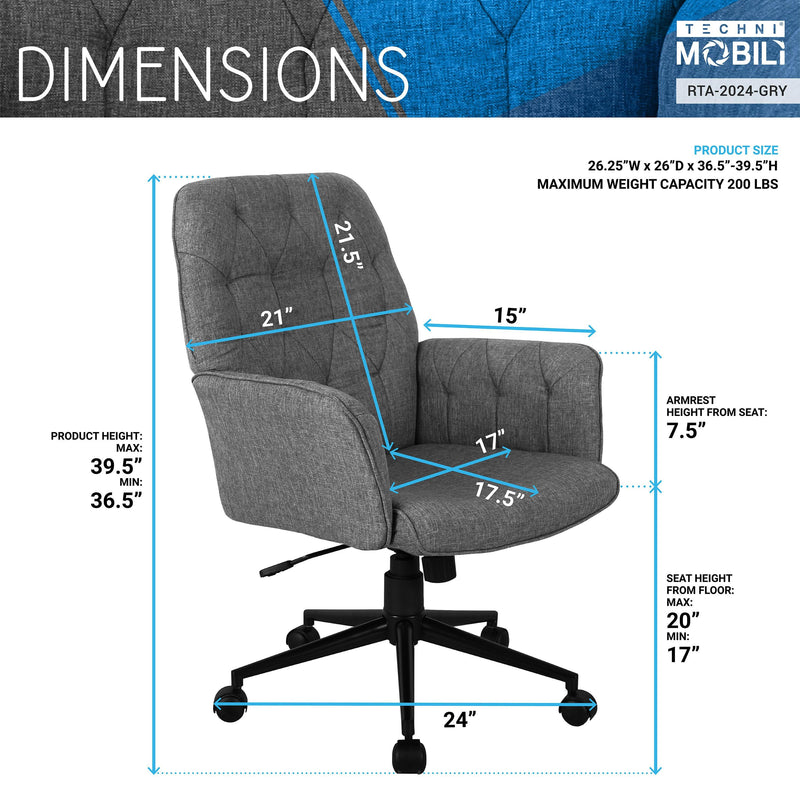 Techni MobiliModern Upholstered Tufted Office Chair with Arms, Grey - Urban Living Furniture (Los Angeles, CA)