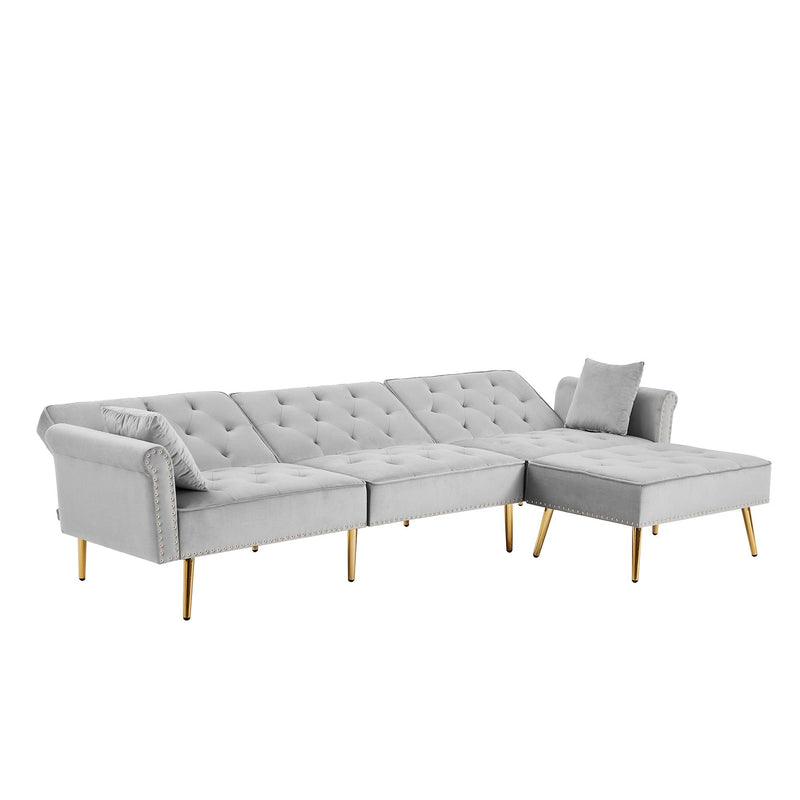 Modern Velvet Upholstered Reversible Sectional Sofa Bed , L-Shaped Couch with Movable Ottoman and Nailhead Trim For Living Room. (Light Grey)