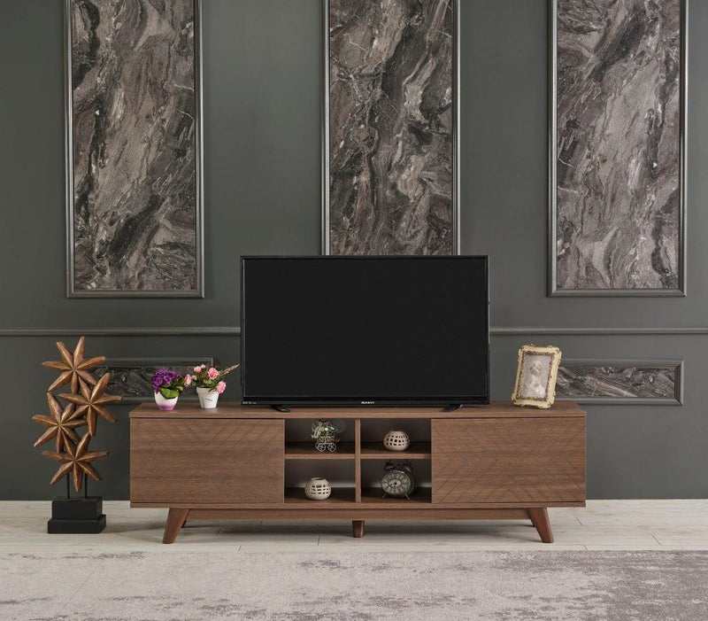 Lina Mid CenturyModern Tv Stand 2 Door Cabinet 4 Cubby Hole Shelves 67 inch Tv Unit, Walnut - Urban Living Furniture (Los Angeles, CA)