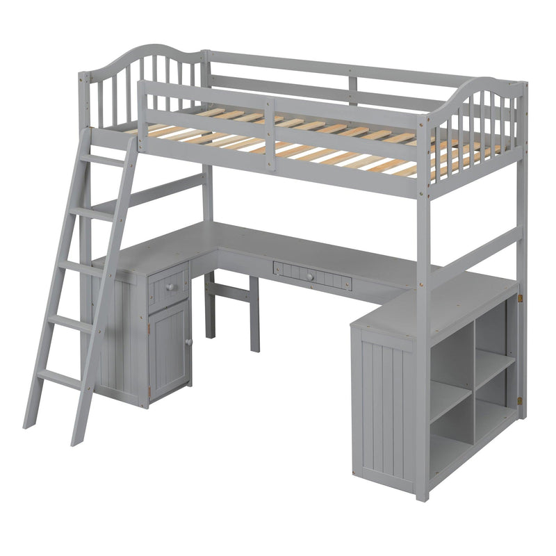 Twin size Loft Bed with Drawers, Cabinet, Shelves and Desk, Wooden Loft Bed with Desk - Gray