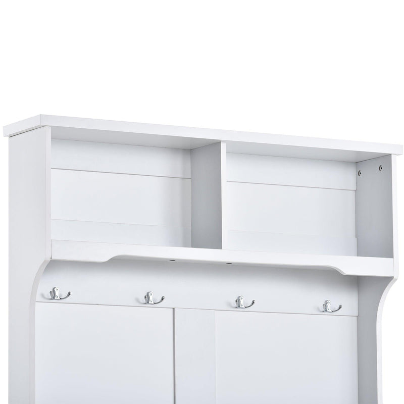 Hall Tree Entryway Bench with Shelves Cabinet and Four Hooks, 3-in-1 Design, White