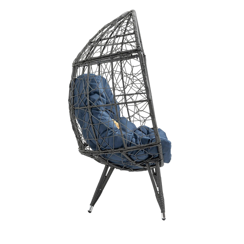 Outdoor Patio Wicker Egg Chair Indoor Basket Wicker Chair with Navy Cusion for Backyard Poolside