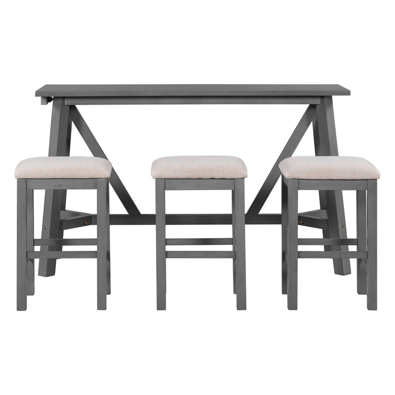 Multipurpose Home Kitchen Dining Bar Table Set with 3 Upholstered Stools(Gray)