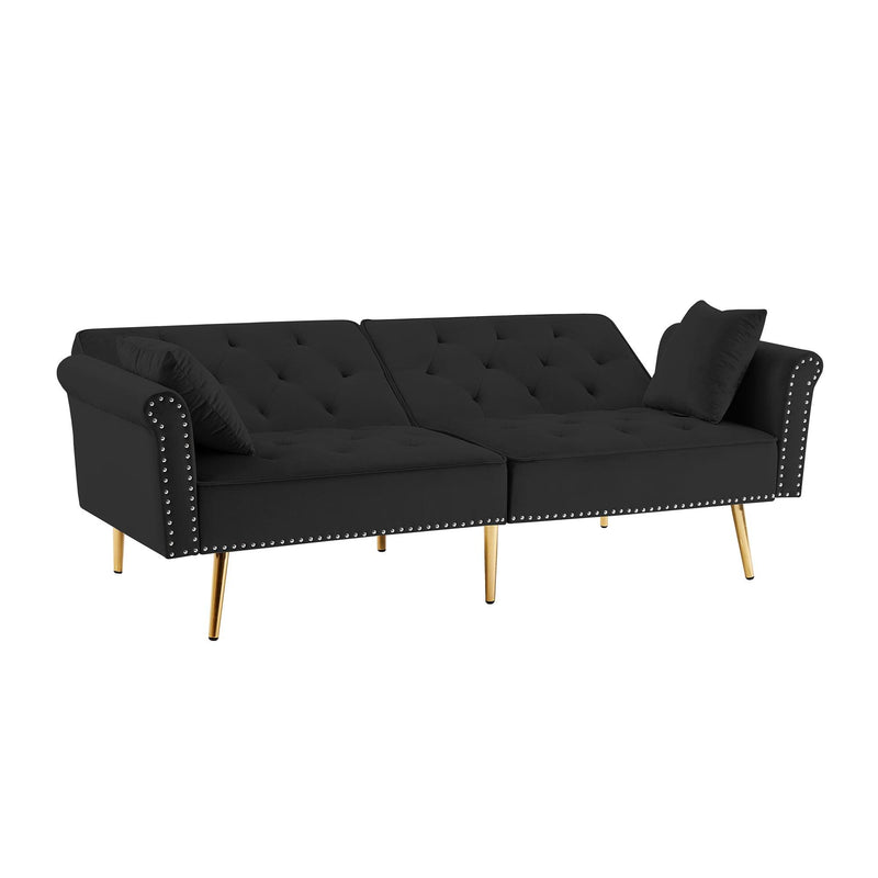 Modern Velvet Tufted Sofa Couch with 2 Pillows and Nailhead Trim, Loveseat Sofa Futon Sofa Bed with Metal Legs  for Living Room.