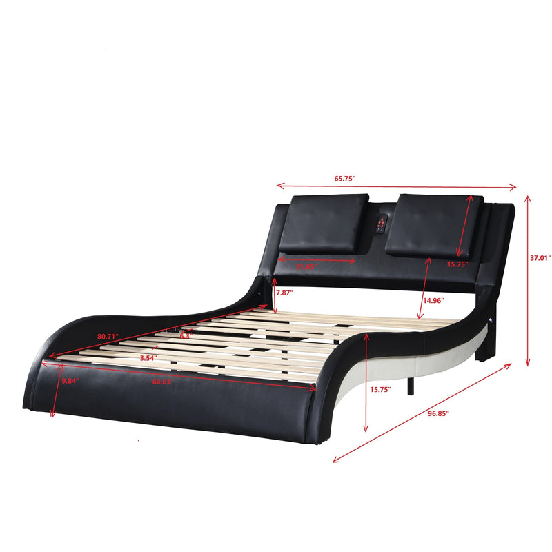 Faux Leather Upholstered Platform Bed Frame with led lighting ,Bluetooth connection to play music control，Backrest vibration massage，Curve Design, Wood Slat Support, No Box Spring Needed,Queen
