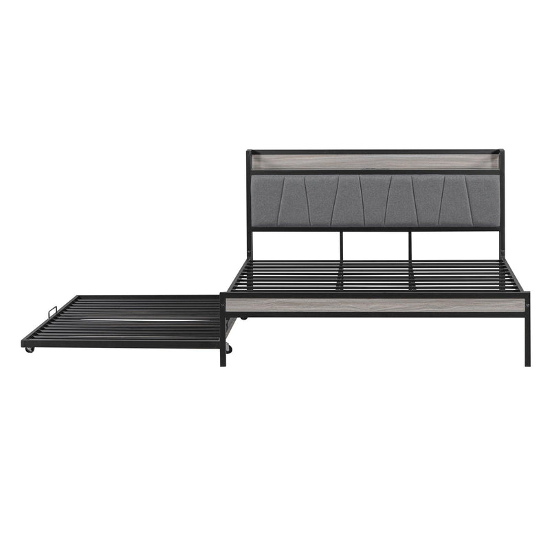 Queen Size Metal Platform Bed Frame with Twin size trundle, Upholstered headboard ，Sockets, USB Ports and Slat Support ,No Box Spring Needed，Black - Urban Living Furniture (Los Angeles, CA)