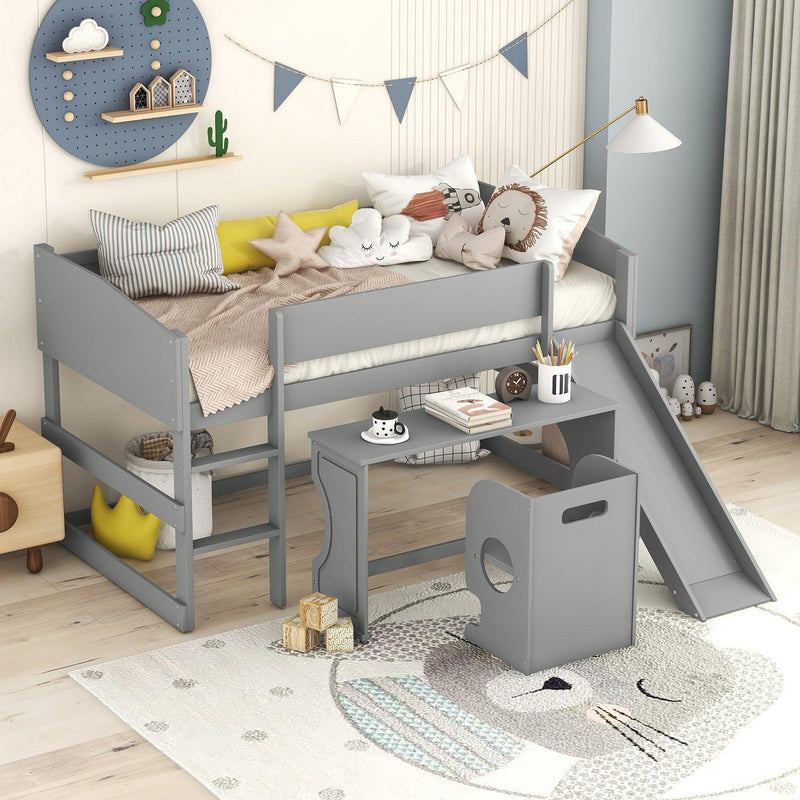 Low Study Twin Loft Bed with Rolling Portable Desk and Chair,Multiple Functions Bed- Gray - Urban Living Furniture (Los Angeles, CA)