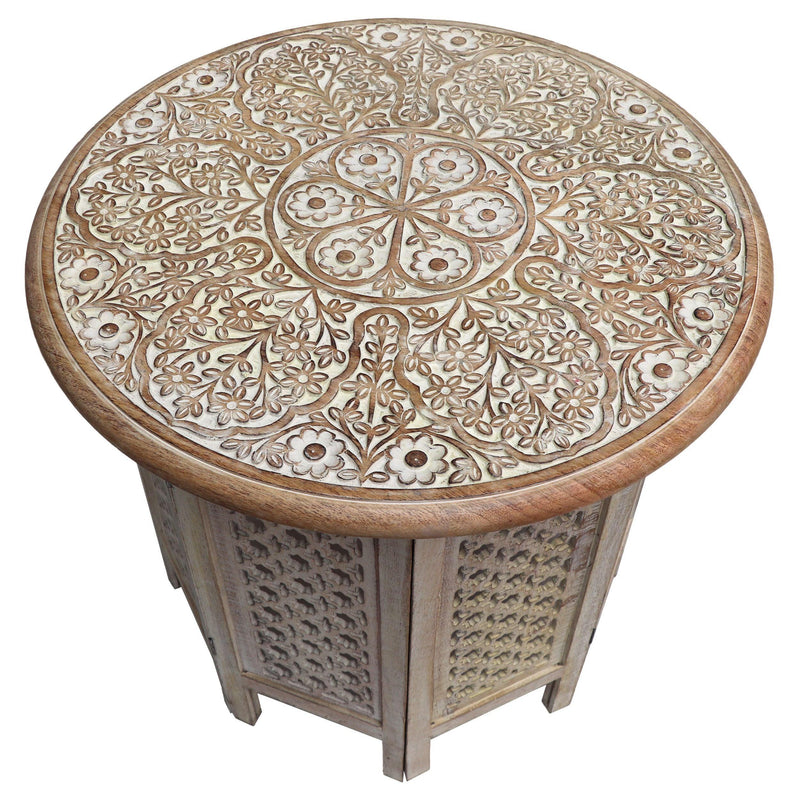 Mesh Cut Out Carved ManWood Octagonal Folding Table with Round Top, Antique White and Brown - Urban Living Furniture (Los Angeles, CA)