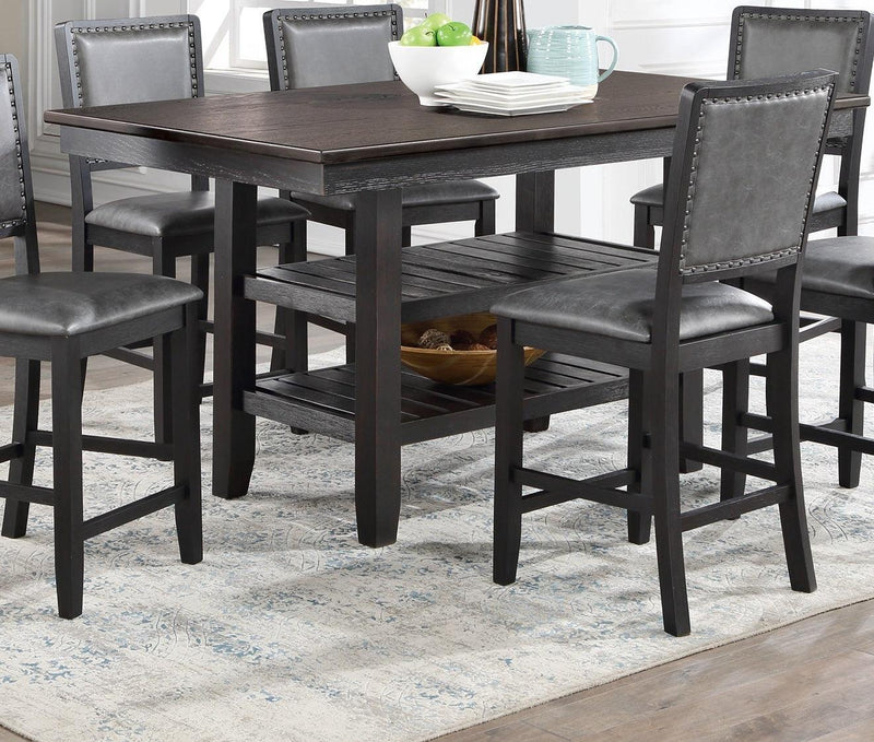 Contemporary Dining Room 7pc Set Grey Finish PU Counter Height Dining Table w Shelf and 6x High Chairs Fabric Upholstered seats Back Counter Height Chairs